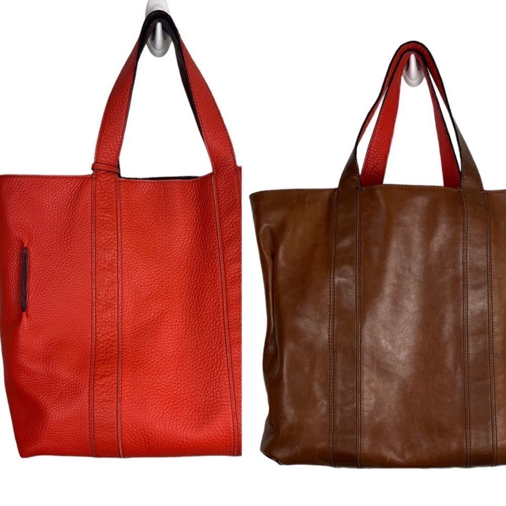Coach Large Leather Reversible Tote w/Matching Pouch in Vibrant Tangerine/Camel